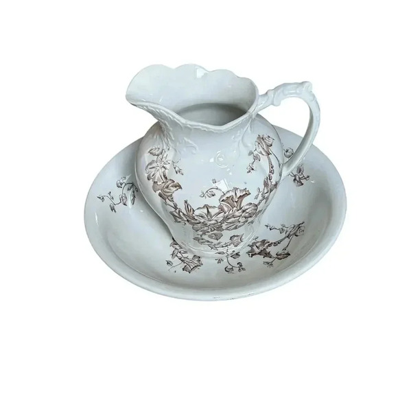 Antique Brown Transfer Ironstone Wash Bowl And Pitcher Morning Glory Pattern - Picture 1 of 15